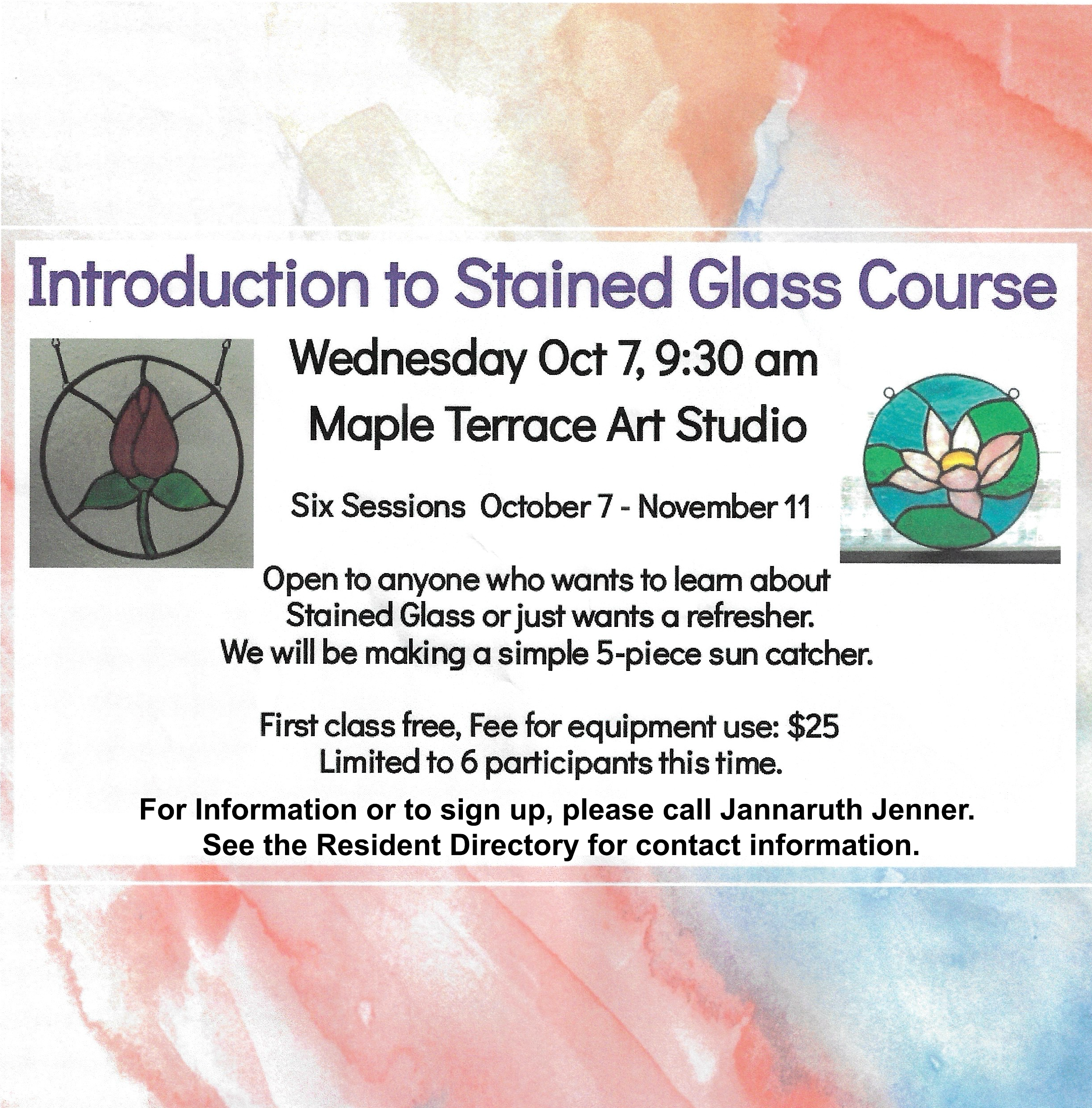 Stained glass class Oct 7 - Nov 11